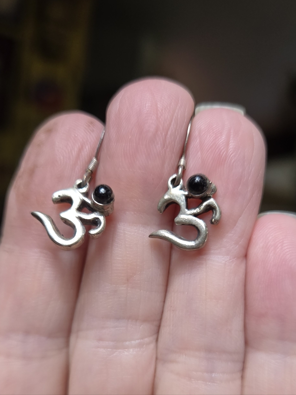 Om Symbol Sterling Earrings Natural Black Onyx - Picture 3 of 7